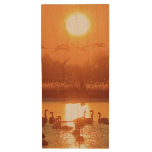 Swans at Sunrise Wood Flash Drive