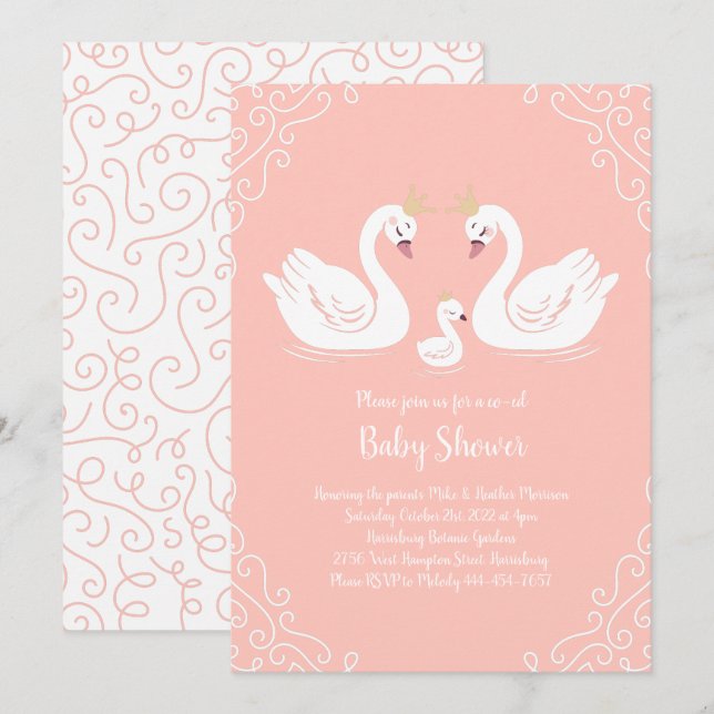 Swans Baby Shower Bird with Crown Co-Ed Peach Invitation (Front/Back)