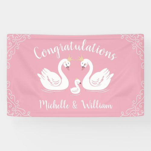 Swans Baby Shower Bird with Crown Co_Ed Pink Banner