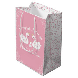 Swans Baby Shower Bird with Crown Co-Ed Pink Medium Gift Bag