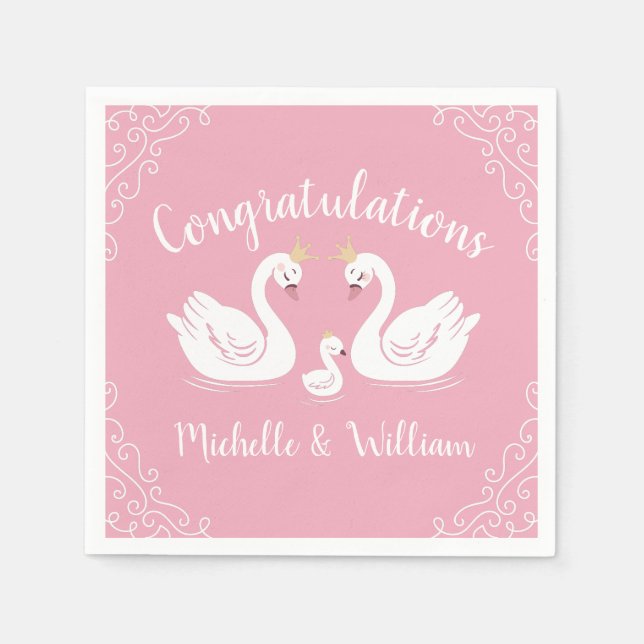 Swans Baby Shower Bird with Crown Co-Ed Pink Napkins (Front)
