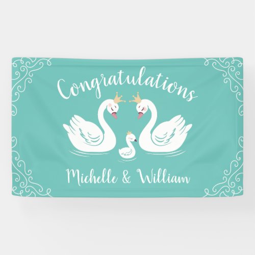 Swans Baby Shower Bird with Crown Co_Ed Teal Banner