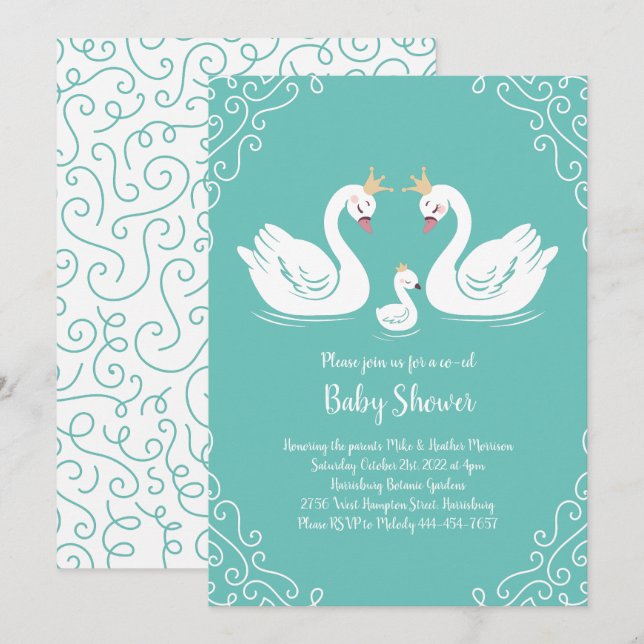 Swans Baby Shower Bird with Crown Co-Ed Teal Invitation (Front/Back)