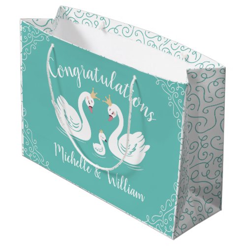 Swans Baby Shower Bird with Crown Co_Ed Teal Large Gift Bag