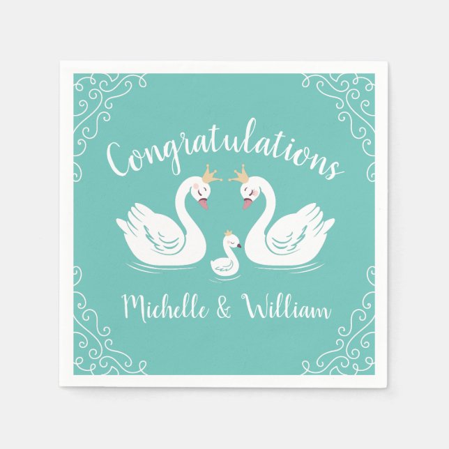 Swans Baby Shower Bird with Crown Co-Ed Teal Napkins (Front)