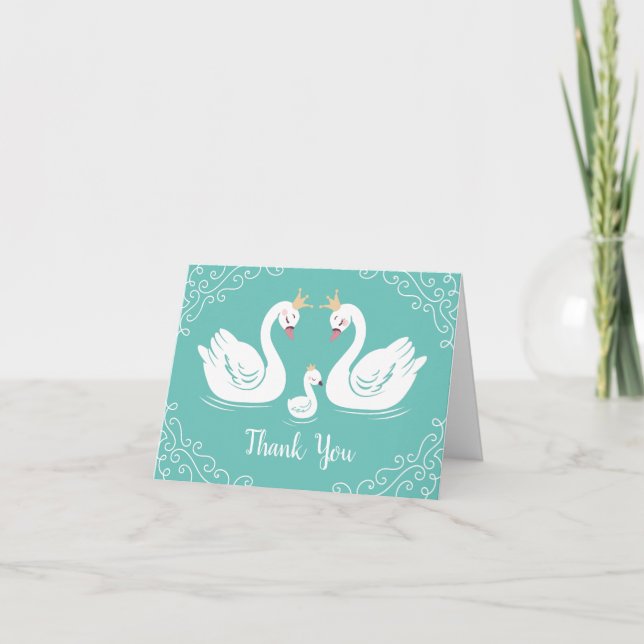 Swans Baby Shower Bird with Crown Co-Ed Teal Thank You Card (Front)