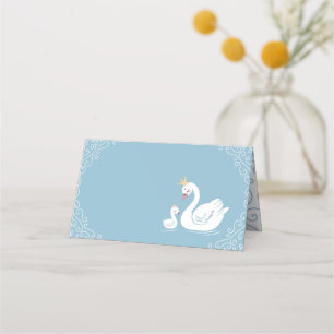 Swans Baby Shower Bird with Crown Theme Blue Place Card