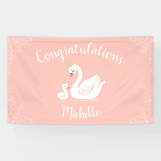 Swans Baby Shower Bird with Crown Theme Peach Banner (Horizontal)