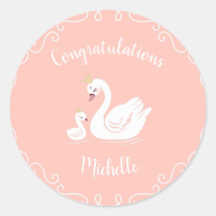 Swans Baby Shower Bird with Crown Theme Peach Classic Round Sticker