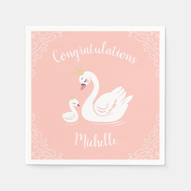 Swans Baby Shower Bird with Crown Theme Peach Napkins (Front)