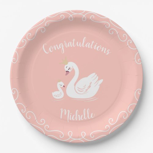 Swans Baby Shower Bird with Crown Theme Peach Paper Plates