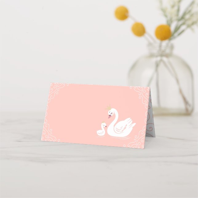 Swans Baby Shower Bird with Crown Theme Peach Place Card (Front)