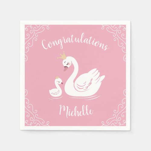 Swans Baby Shower Bird with Crown Theme Pink Napkins