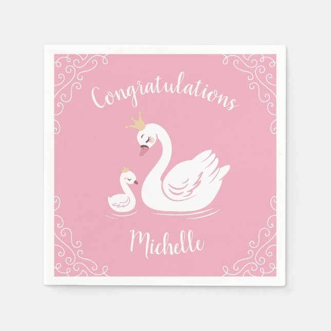 Swans Baby Shower Bird with Crown Theme Pink Napkins (Front)