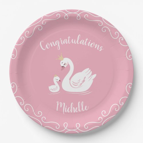 Swans Baby Shower Bird with Crown Theme Pink Paper Plates