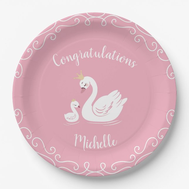 Swans Baby Shower Bird with Crown Theme Pink Paper Plates (Front)