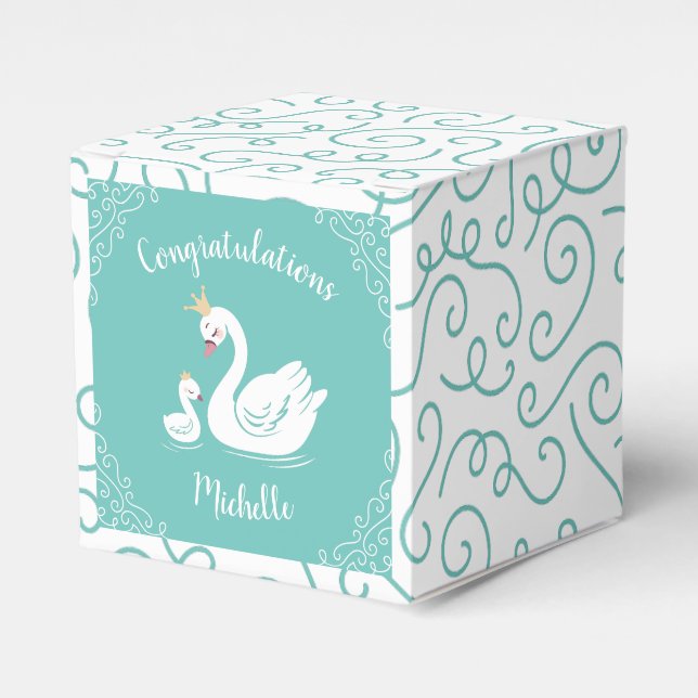 Swans Baby Shower Bird with Crown Theme Teal Favor Boxes (Front Side)