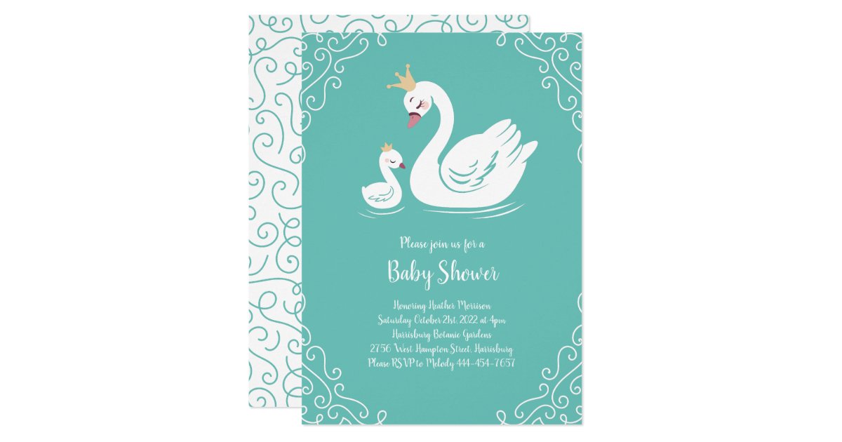 Swans Baby Shower Bird With Crown Theme Teal Invitation Zazzle Com