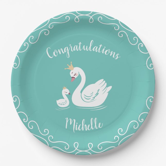 Swans Baby Shower Bird with Crown Theme Teal Paper Plates (Front)