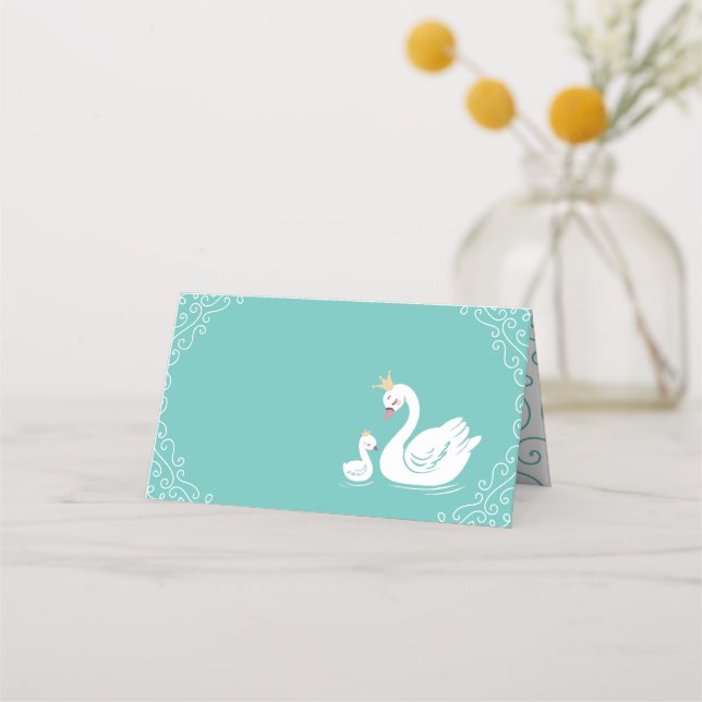 Swans Baby Shower Bird with Crown Theme Teal Place Card (Front)