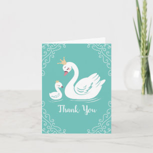 Swans Baby Shower Bird with Crown Theme Teal Thank You Card