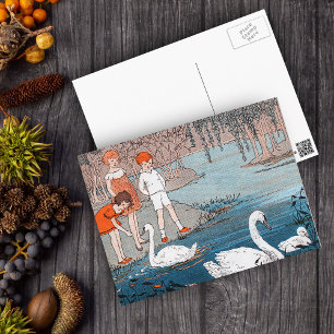 Swans Children Vintage Lake Scene Postcard