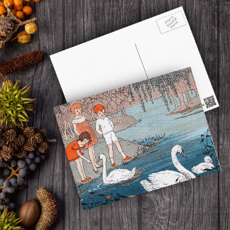 Swans Children Vintage Lake Scene Postcard