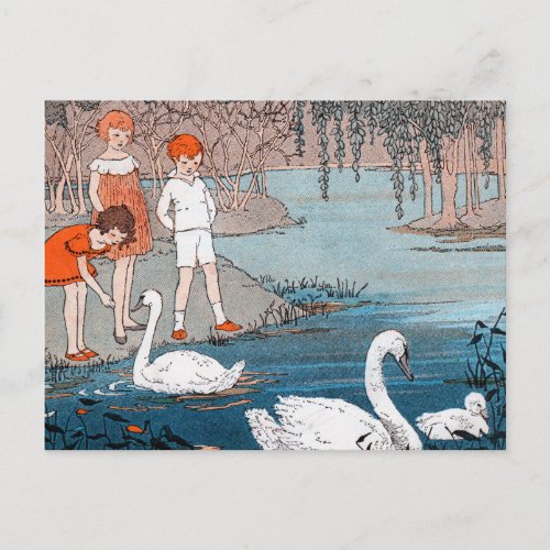 Swans Children Vintage Lake Scene Postcard