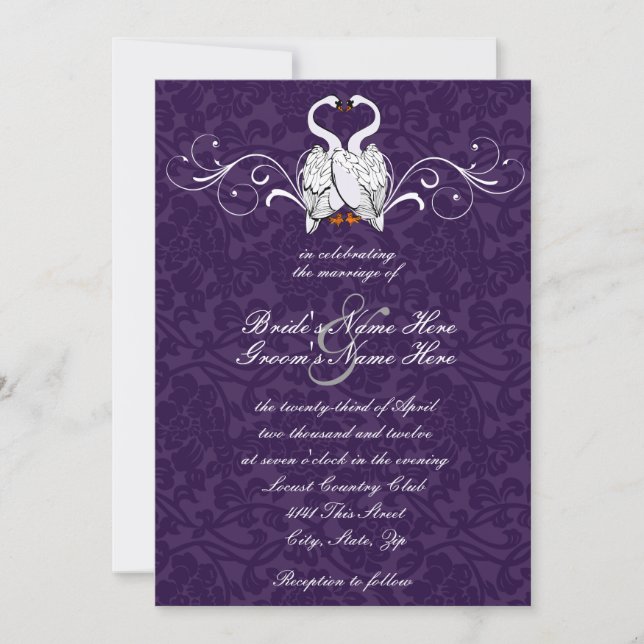 Swans Damask Wedding Invitation (Front)