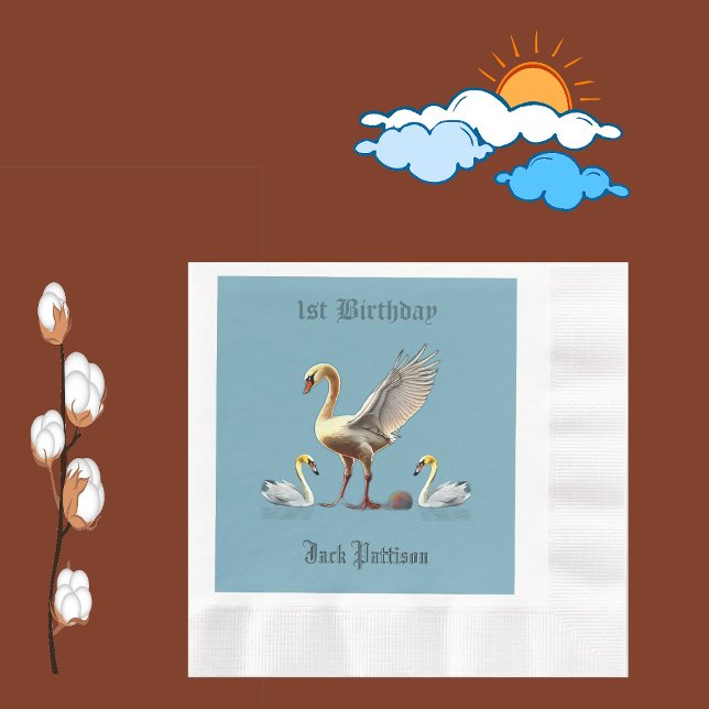 Swans Decor Setting Sky Birds 1st Birthday Party  Napkins (Swans Decor Setting Sky Birds 1st Birthday Party Napkins)