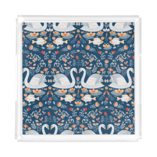 Swans, fish, flowers, folk pattern. acrylic tray