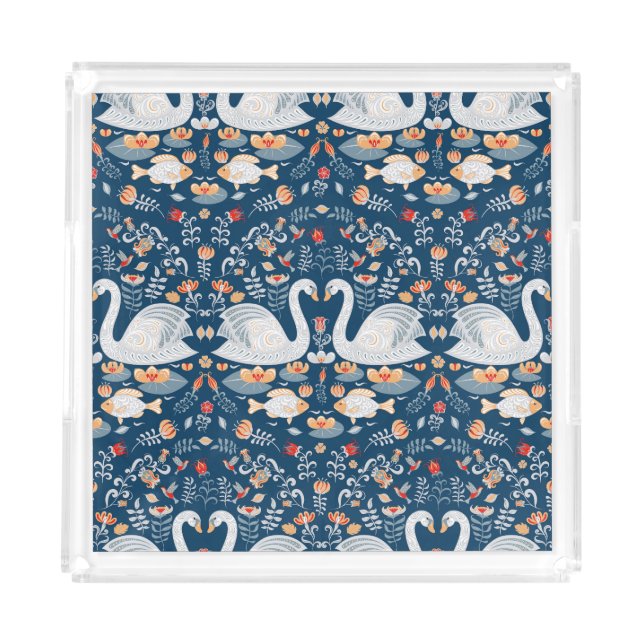 Swans, fish, flowers, folk pattern. acrylic tray (Front)