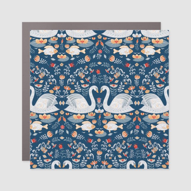 Swans, fish, flowers, folk pattern. car magnet (Front)