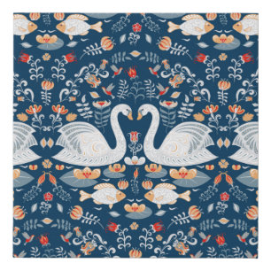 Swans,fish,flowers on a blue background. Decorativ Faux Canvas Print