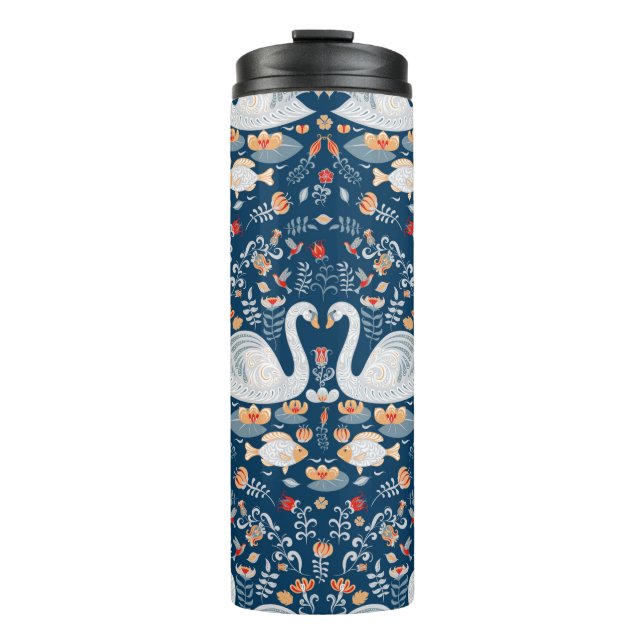 Swans,fish,flowers on a blue background. Decorativ Thermal Tumbler (Front)