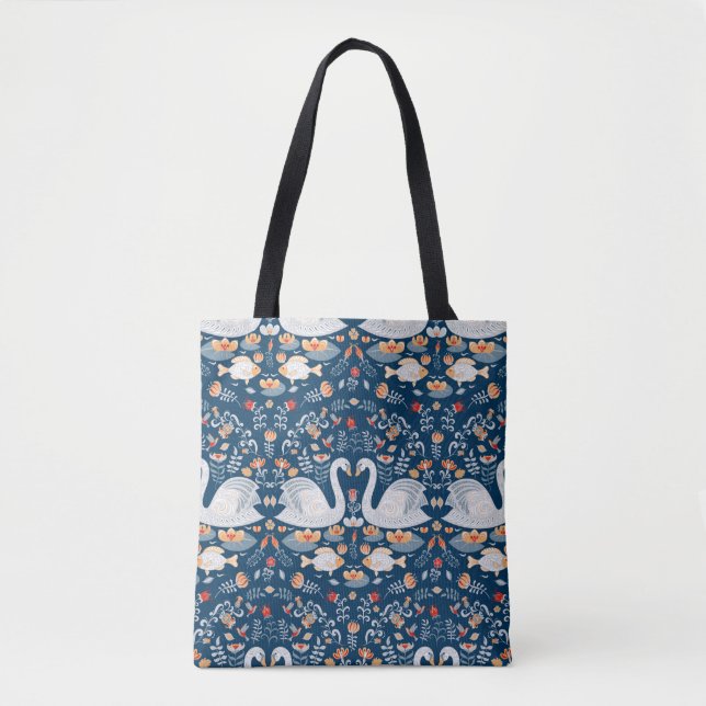 Swans,fish,flowers on a blue background. Decorativ Tote Bag (Front)