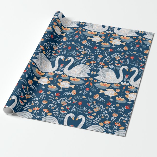 Swans,fish,flowers on a blue background. Decorativ Wrapping Paper (Unrolled)
