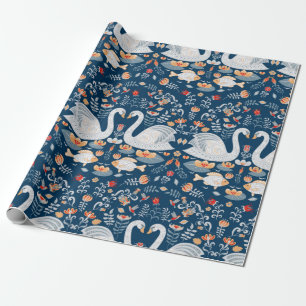 Swans,fish,flowers on a blue background. Decorativ Wrapping Paper