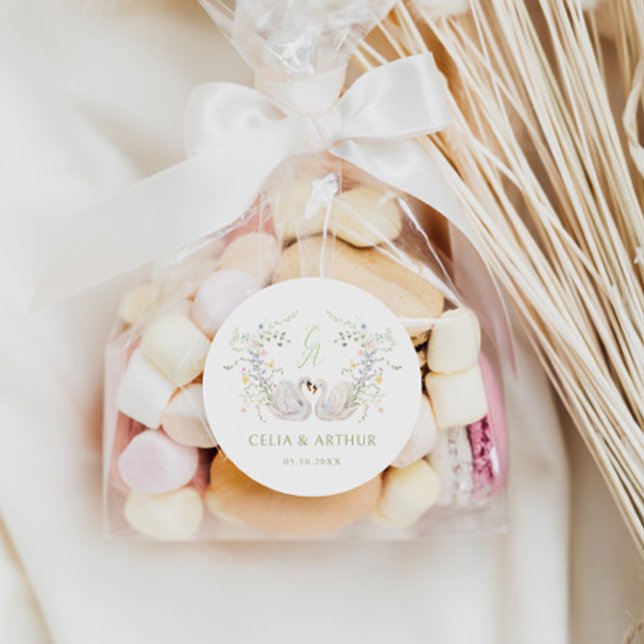 Swans Floral Monogram Crest Wedding  Classic Round Sticker (Creator Uploaded)