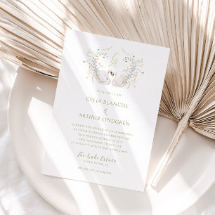Swans Floral Monogram Crest Wedding Invitation