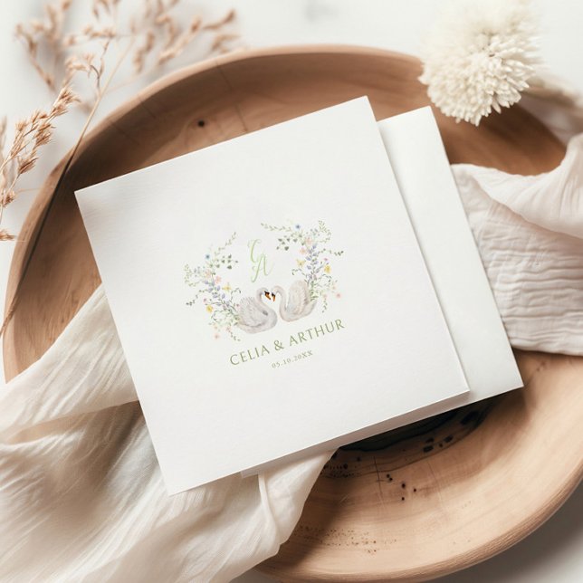 Swans Floral Monogram Crest Wedding  Napkins (Creator Uploaded)