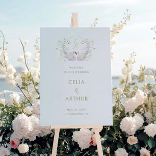 Swans Floral Monogram Crest Wedding Welcome Foam Board