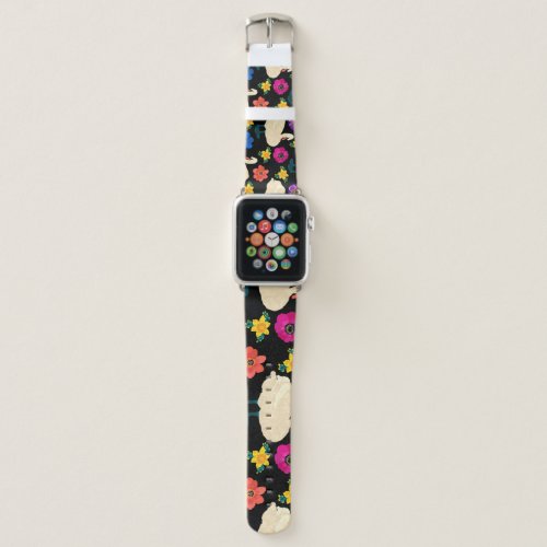 Swans flowers hand_drawn black background apple watch band