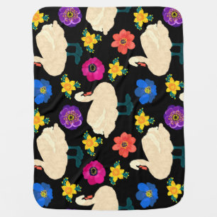 Swans, flowers, hand-drawn black background. baby blanket
