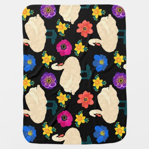 Swans flowers hand_drawn black background baby blanket