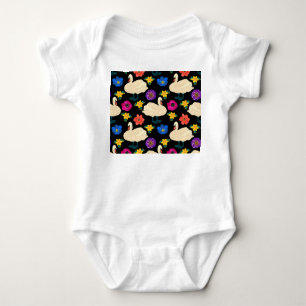 Swans, flowers, hand-drawn black background. baby bodysuit