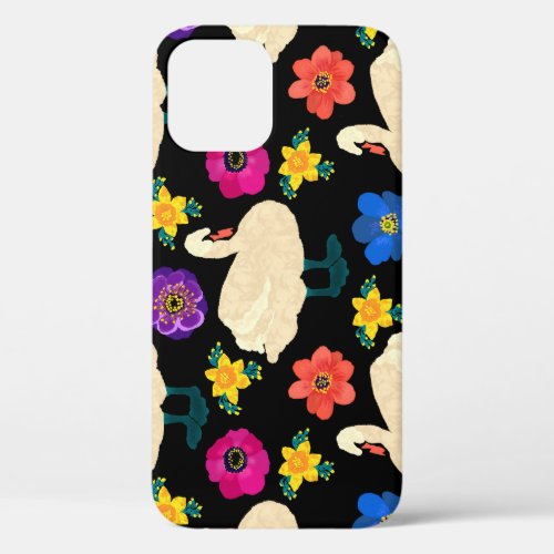 Swans flowers hand_drawn black background iPhone 12 case