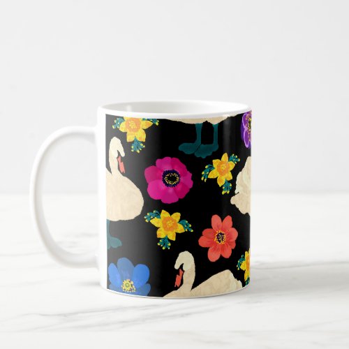 Swans flowers hand_drawn black background coffee mug