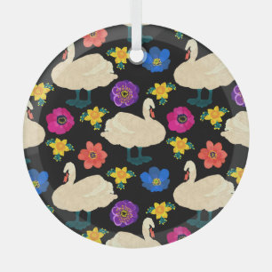 Swans, flowers, hand-drawn black background. glass ornament