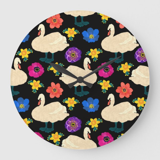Swans, flowers, hand-drawn black background. large clock (Front)